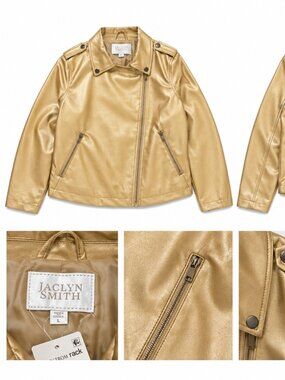Jaclyn Smith Gold Faux Leather Moto Jacket Size L NWT